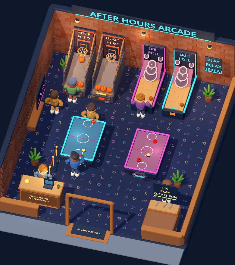 An isometric neon arcade: hoop and skee-roll machines, two air-hockey tables and customers playing