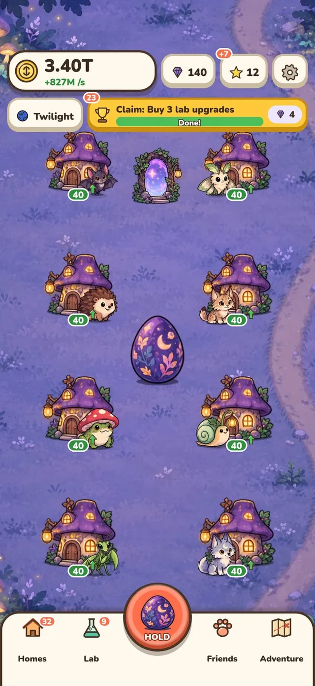 The Twilight realm: mushroom houses and their creatures around a purple egg, with a Hold button to hatch it