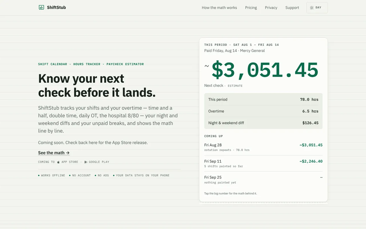 shiftstub.com: Know your next check before it lands, beside a pay summary card
